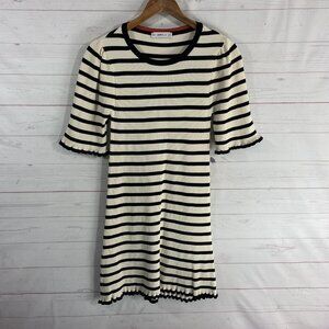 Zara Knit Striped Short Sleeve Sweater Dress Sz Small Black Ivory Lettuce Trim